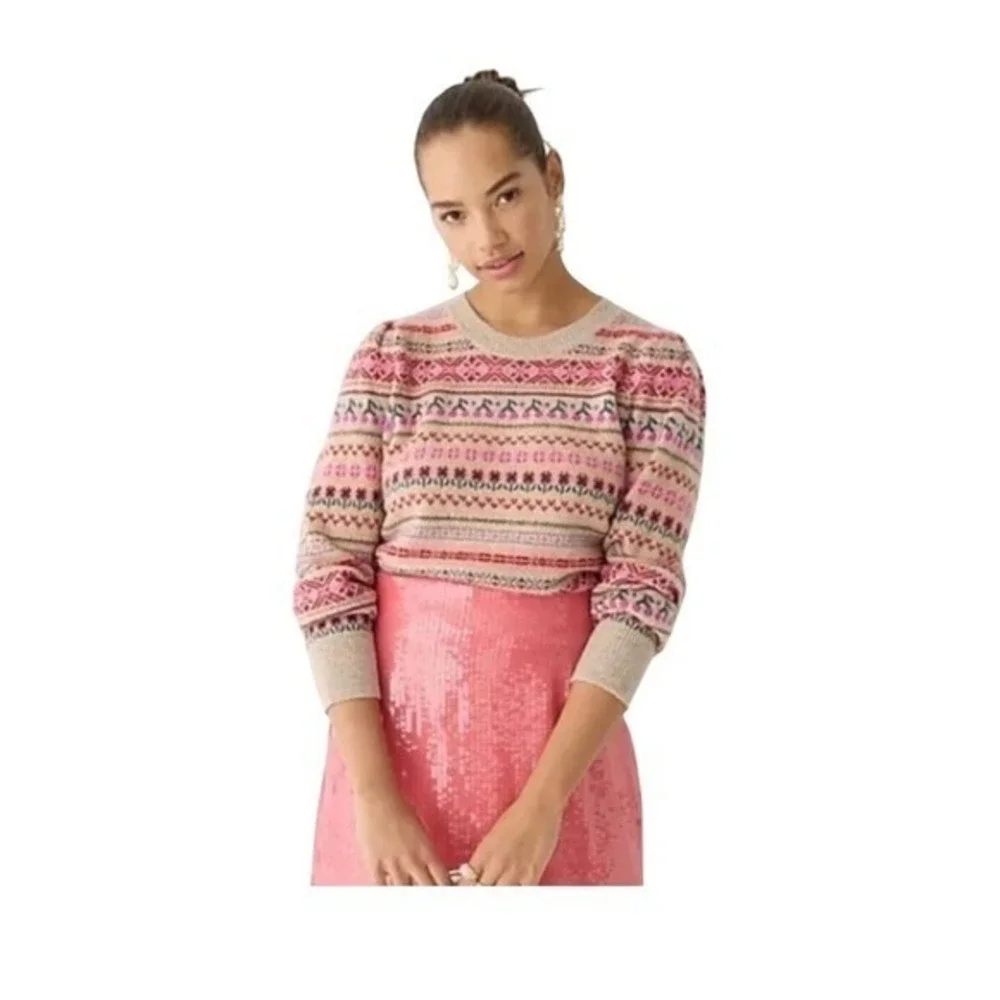 J. Crew Puff Sleeve‎ Fair Isle Crewneck Sweater Floral Cherry Print XL